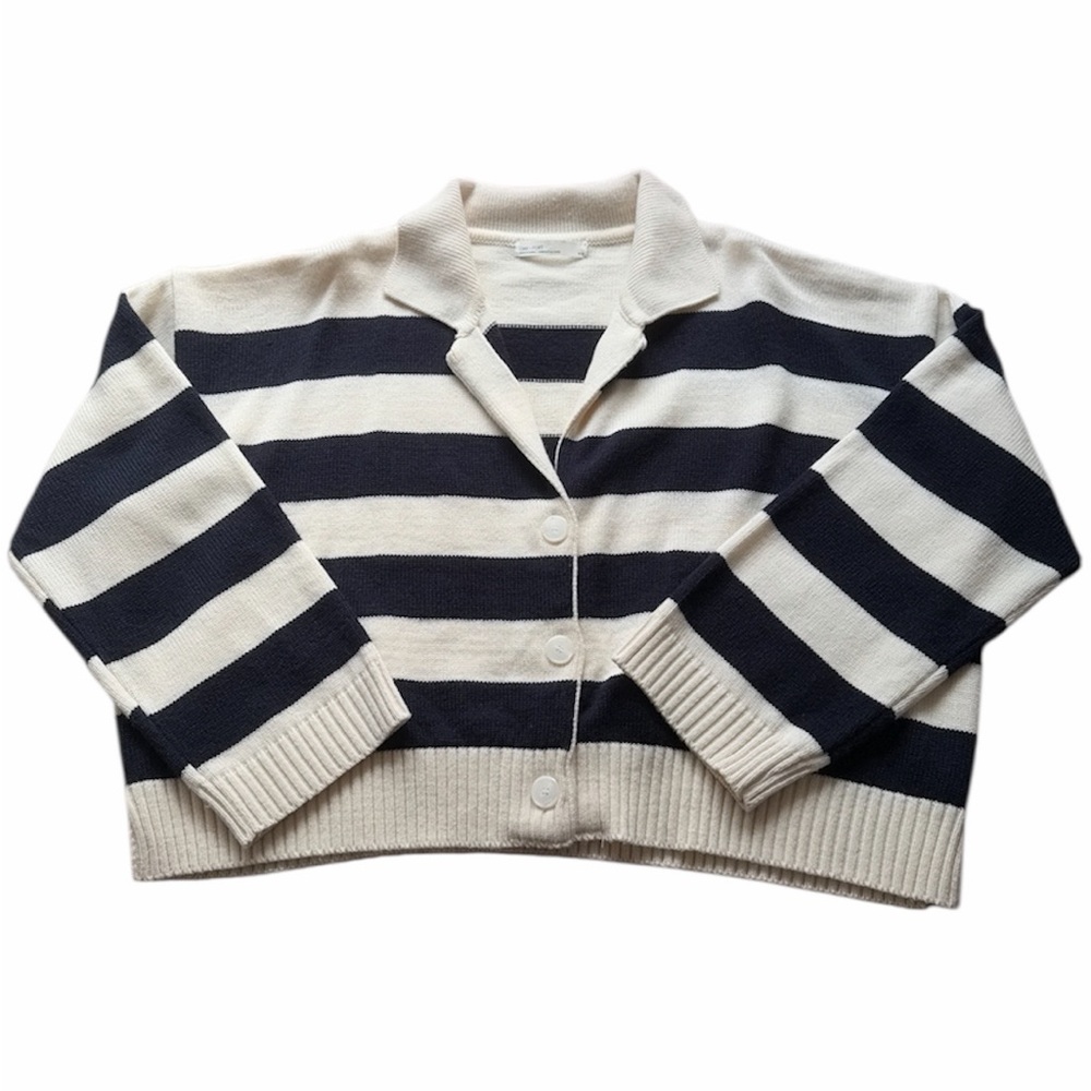 Oak + Fort navy and cream striped collared cardigan